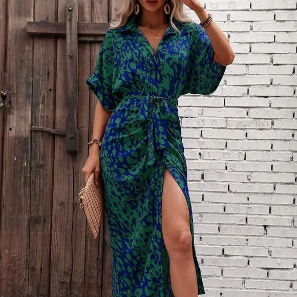 Multicolor Boho Womens Allover Print Batwing Sleeve Belted Shirt Dress - Picture 4 of 5